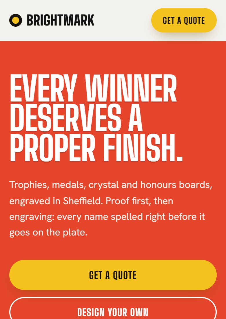 The Brightmark Trophies home page on a phone