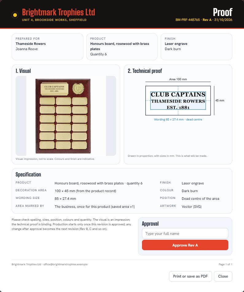 A Brightmark proof for an honours board, with a to-scale drawing and an approval box