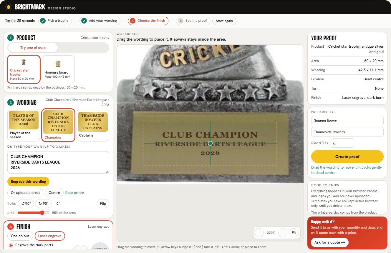 Brightmark's own Design Studio: club champion wording engraved on the plate of a cricket trophy