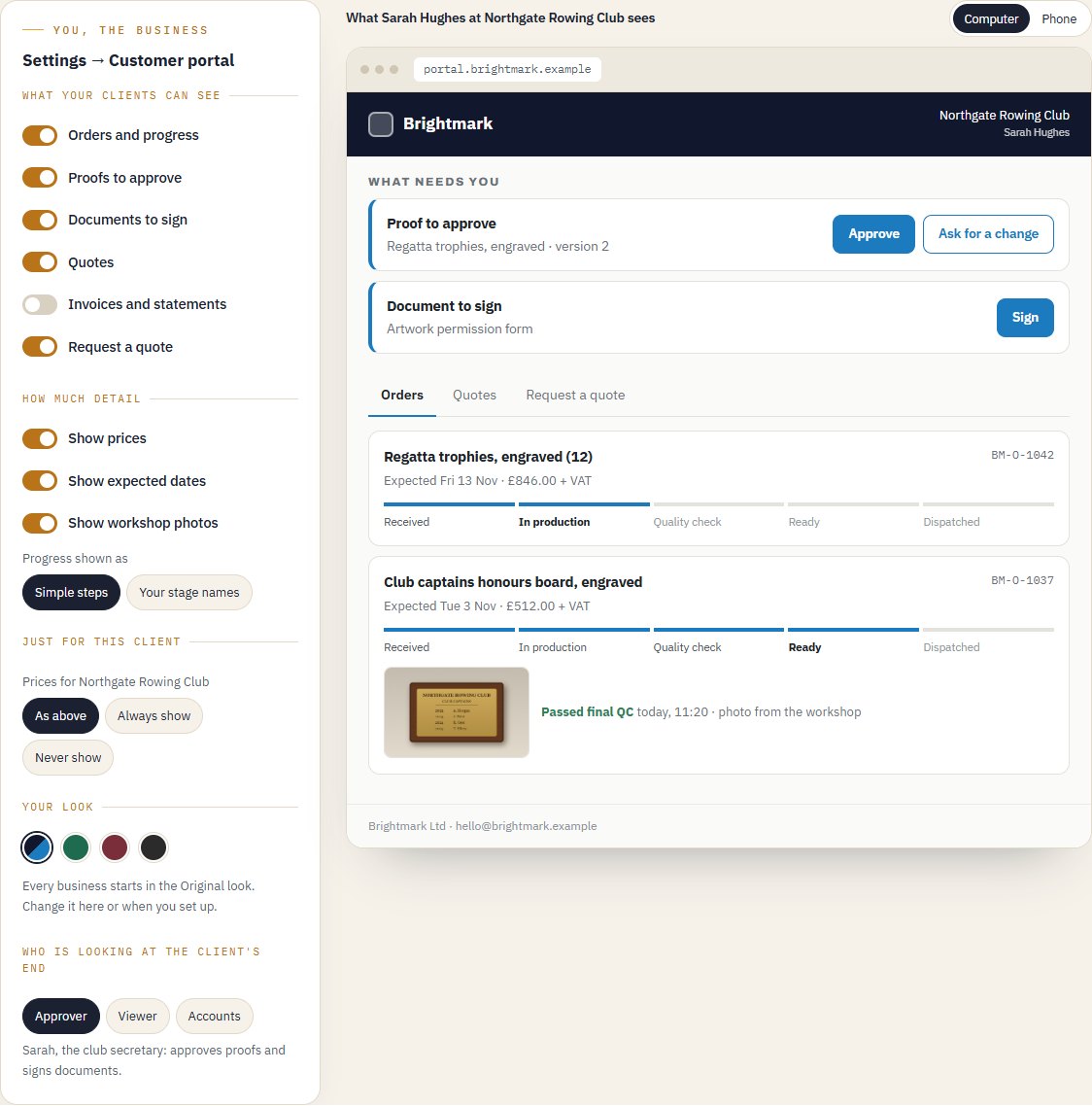 The customer portal example: the business's switches on the left, the client's portal on the right