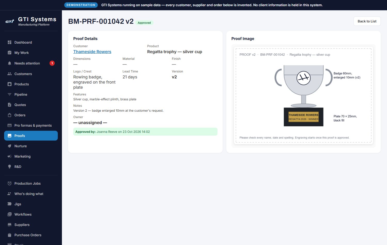 A proof record with its version and status