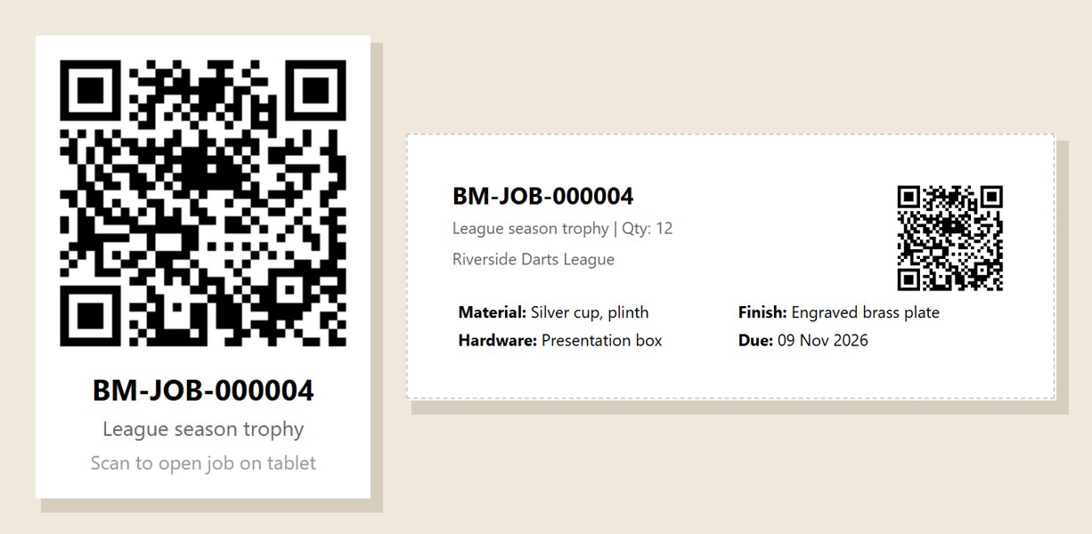 A job's QR code printed on its own, and the same job as a label with customer, materials, finish and due date