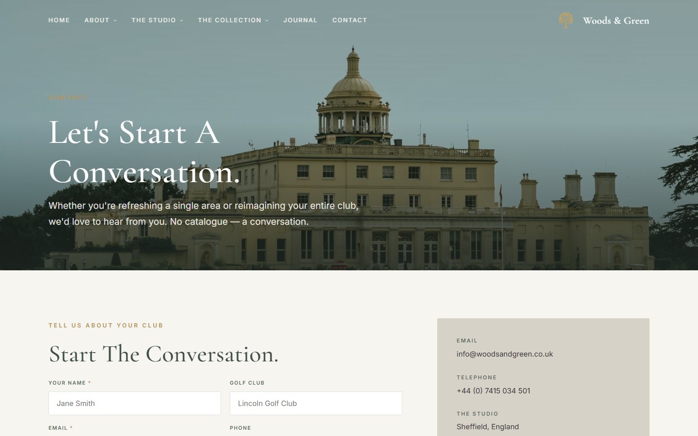 The Woods & Green contact page with its enquiry form